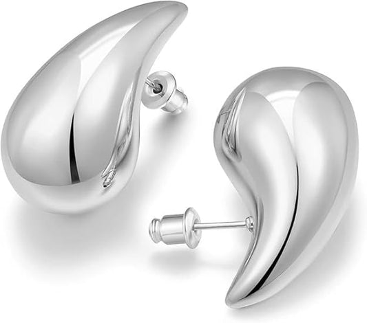 2 Pairs Combo Celebrity Inspired Stylish Gold Silver Plated Teardrop Earrings Dupes for Women Girls Teenagers Trending Oversized Lightweight Statement Waterdrop Earrings