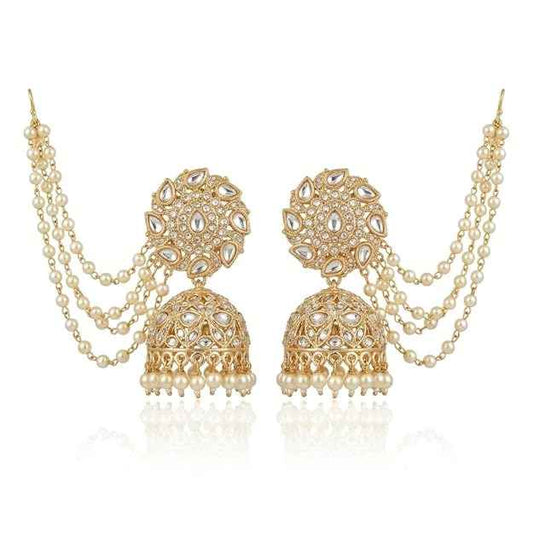 Bahubali Kundan Jhumka — Triple-Layered Pearl Sahare Chain Earrings