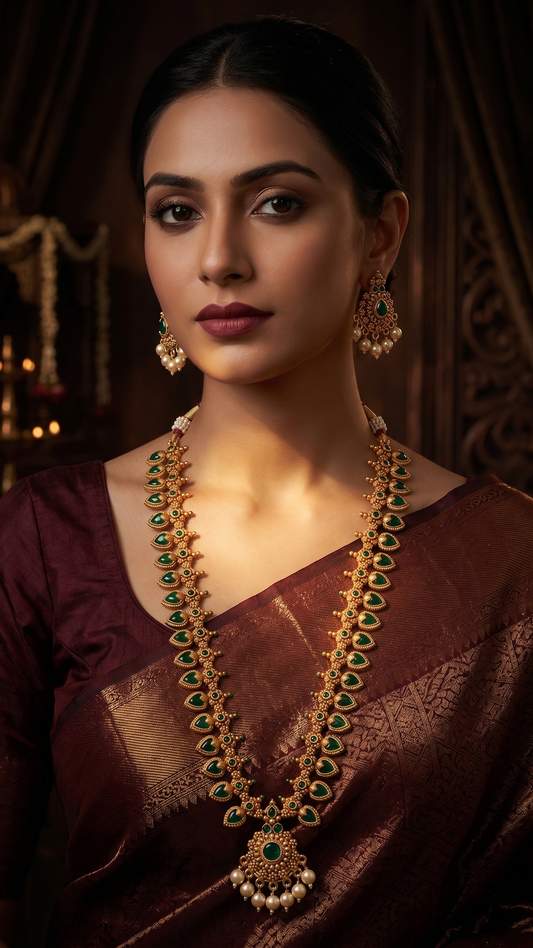 Beautiful Indian model wearing the INNOVATE ART IMPEX traditional green stone long Rani Haar necklace and earrings with a maroon saree.