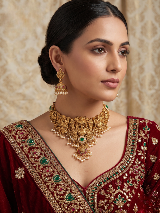 Handcrafted Antique Gold-Plated Kundan Choker Set with Cultured Pearls & Simulated Gemstones