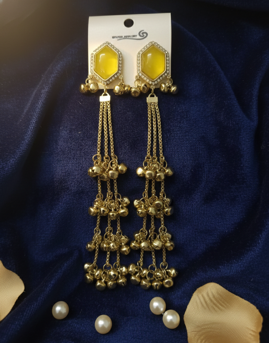 Close-up view of premium artificial Yellow Hexagonal Stone Gold Tassel Drop Earrings Elegant Statement Jewelry by Innovate Art Impex.