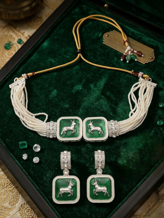 Close-up view of premium artificial Multi-Strand Faux Pearl Choker Set with Enamel Deer Motif by Innovate Art Impex.