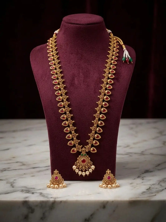 Gold-Plated Ruby Red Stones & Pearls Temple Jewelry Long Necklace Set with Earrings Innovate Art Impex