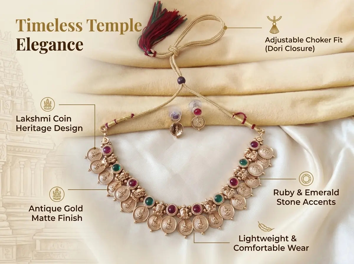 Traditional South Indian Temple Lakshmi Kasu Mala Short Necklace Set Innovate Art Impex