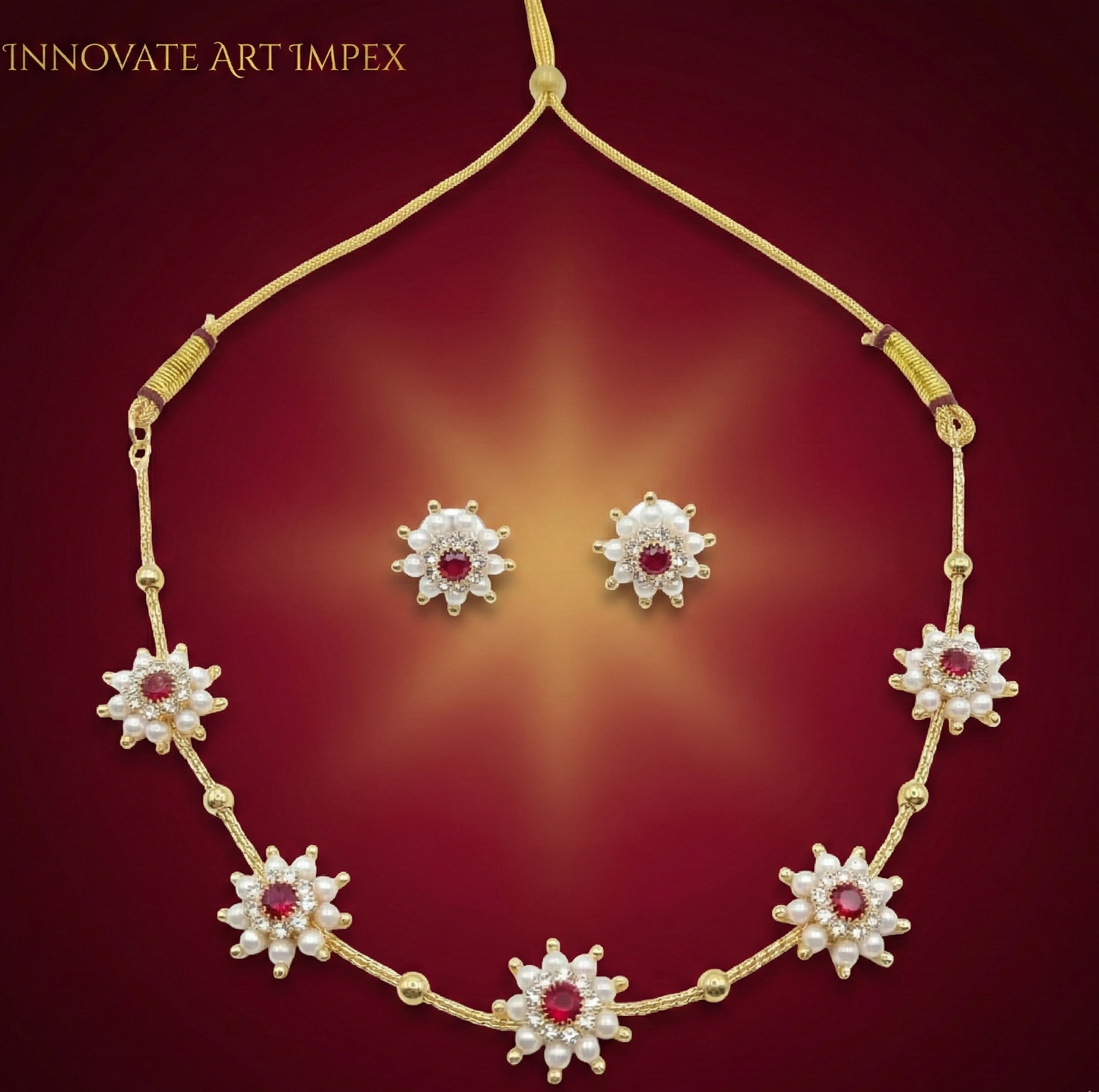 Close-up view of premium artificial Traditional Maroon Lotus Meenakari Gold Plated Choker Set with Pearl Drops by Innovate Art Impex.