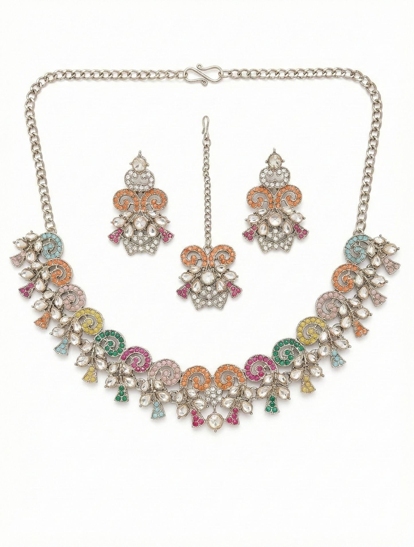 Close-up view of premium artificial Navratna Style Multi Color Floral Polki Necklace Set with Maang Tikka & Earrings by Innovate Art Impex.