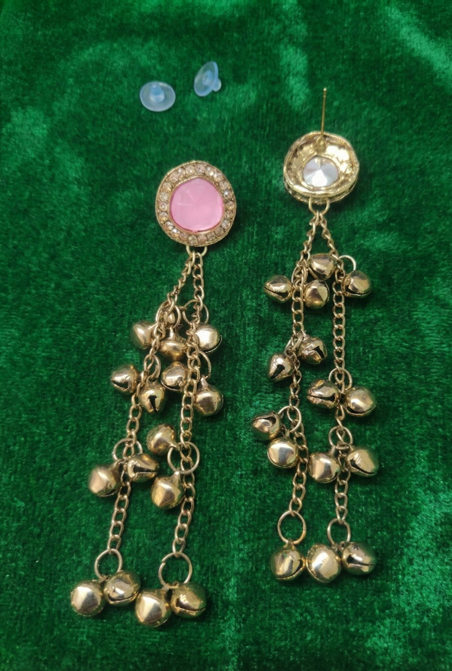 Close-up view of premium artificial Blush Pink Stone & Gold Ghungroo Tassel Statement Earrings Gold Plated Kundan Drop Earrings – Traditional Fusion Long Chain Hangings for Women & Girls by Innovate Art Impex.