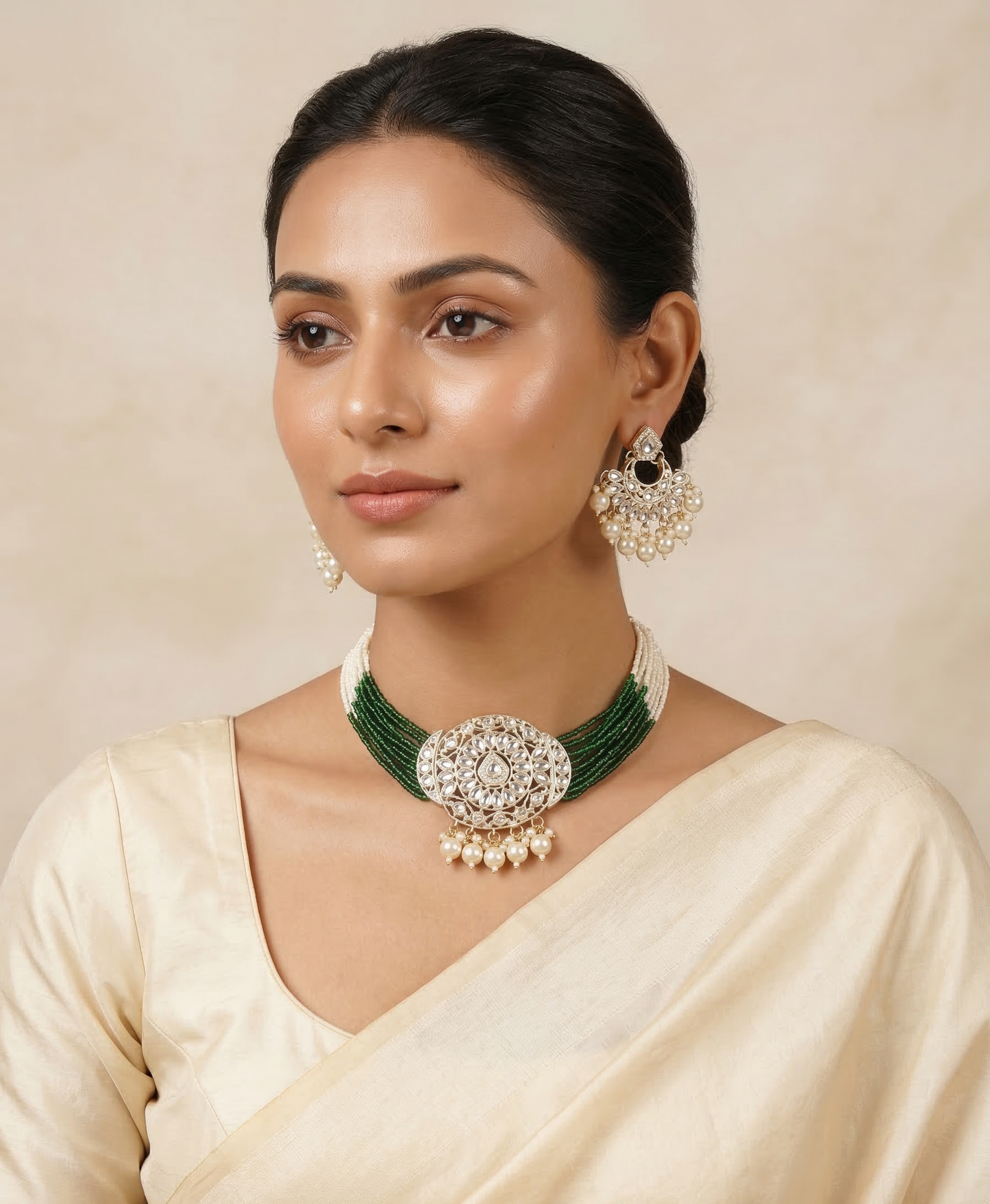 Close-up view of premium artificial Traditional Pearl & Kundan Studded Statement Choker Set for Weddings & Festive Wear by Innovate Art Impex.