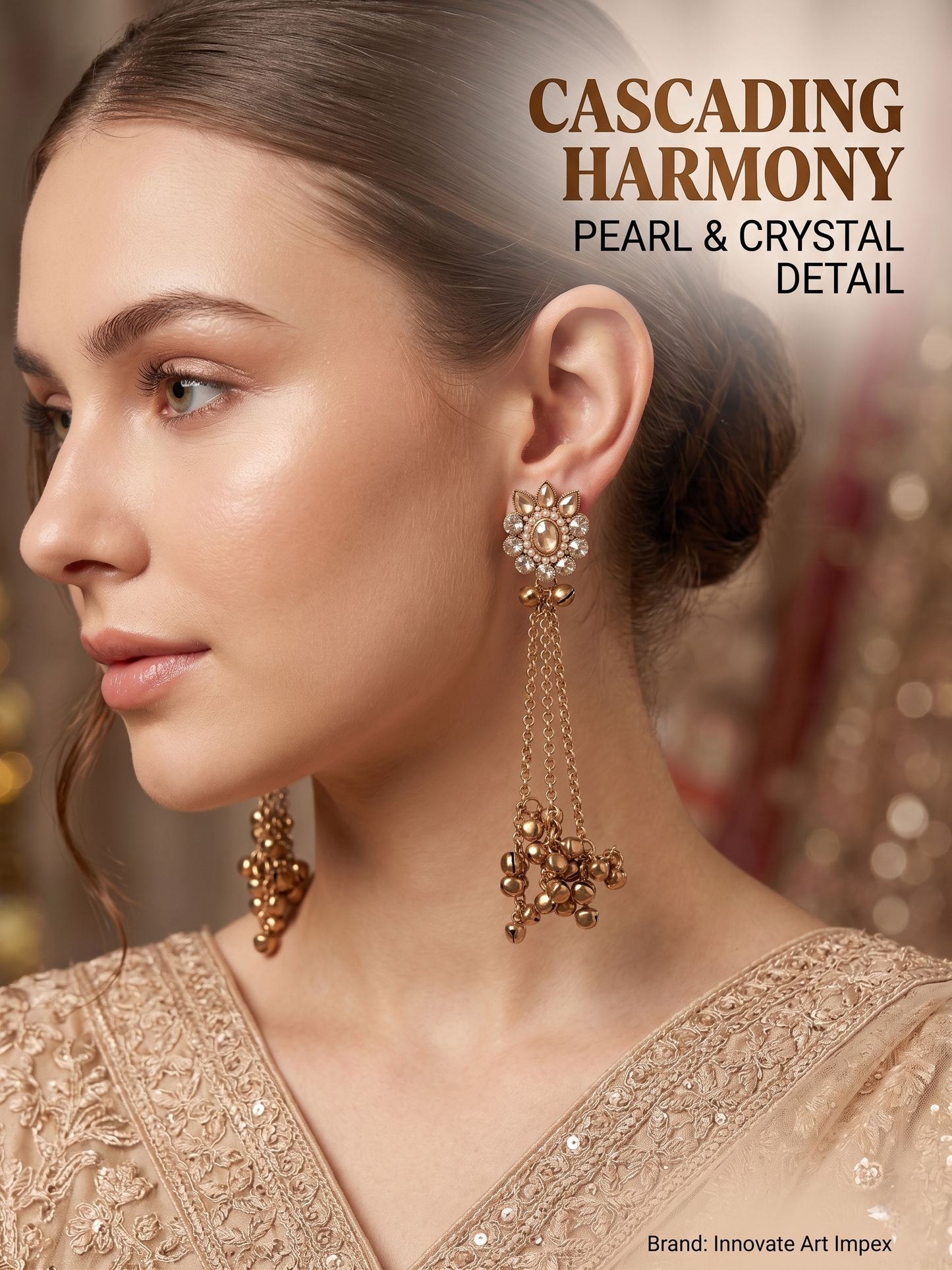 Woman wearing elegant earrings with 'Cascading Harmony' text and pearl & crystal detail.