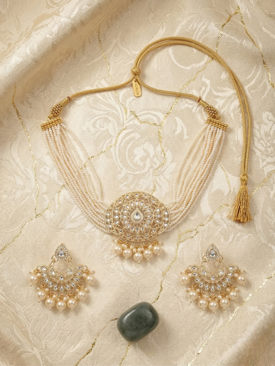 Close-up view of premium artificial Elegant Kundan Choker Necklace Set with Multi-Layered Beads & Matching Earrings by Innovate Art Impex.