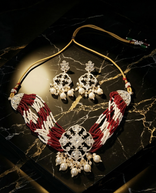 Close-up view of premium artificial Designer Silver-Plated Kundan Choker Set with Multi-Strand Seed Beads & Drop Earrings by Innovate Art Impex.