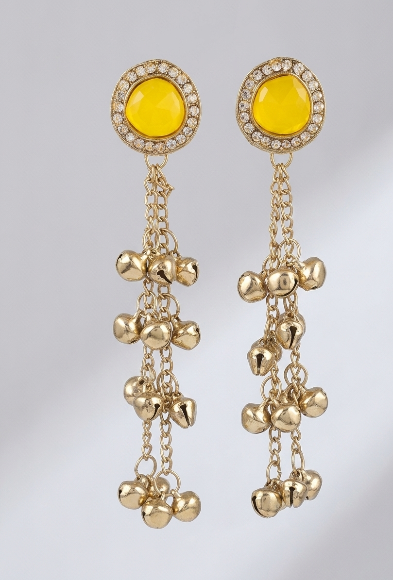 Close-up view of premium artificial Vibrant Yellow Stone & Gold Bell Tassel Statement Earrings Gold Plated Kundan Drop Earrings with Ghungroo Tassels – Traditional Fusion Long Chain Hangings for Women & Girls by Innovate Art Impex.