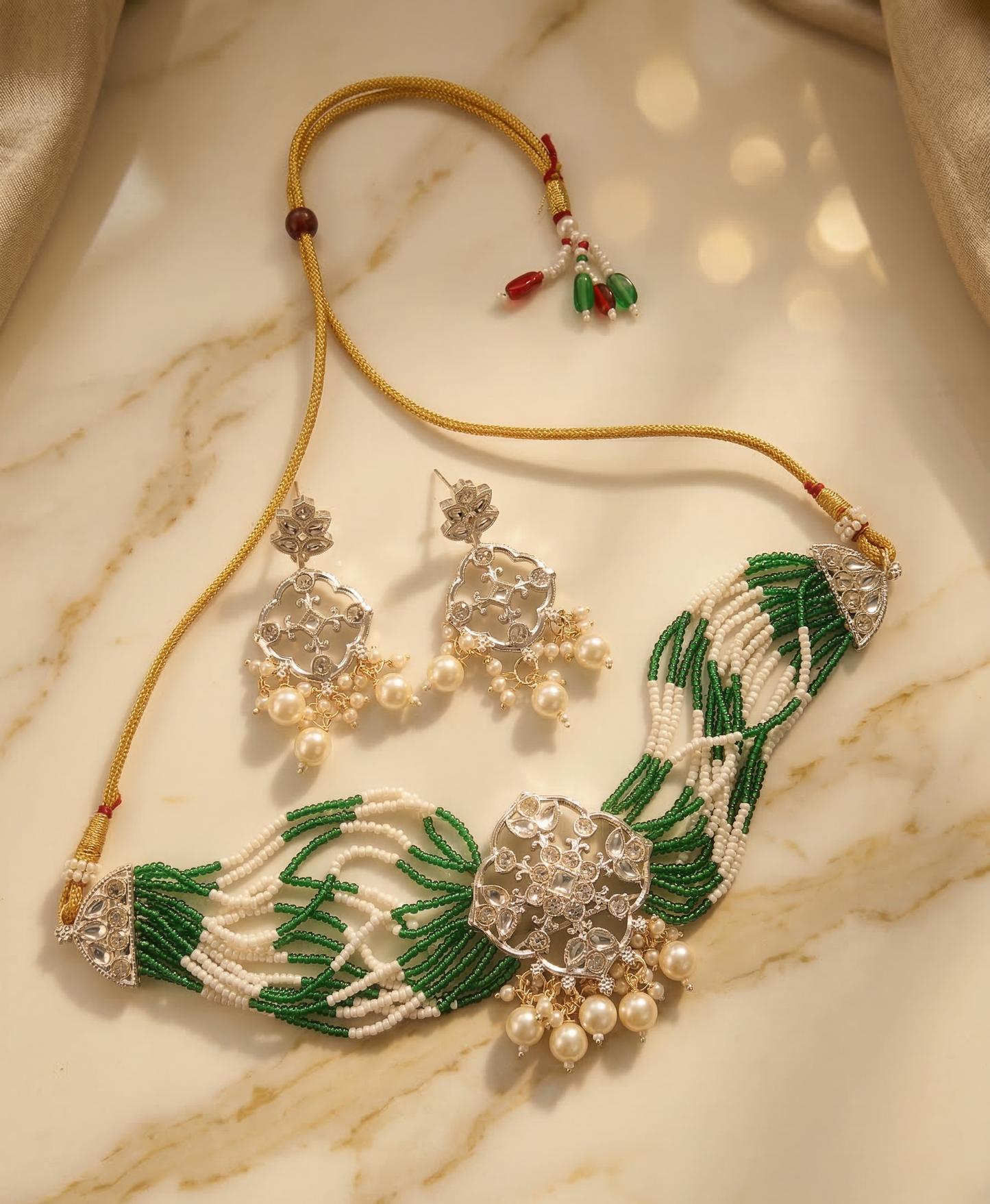 Close-up view of premium artificial Ethnic Geometric Kundan Statement Necklace Set with Dual-Tone Bead Strands by Innovate Art Impex.