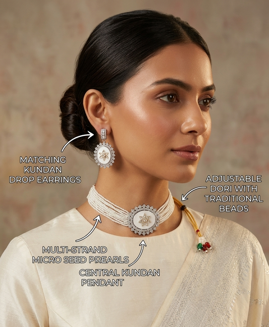 Close-up view of premium artificial Oval Enamel Floral Motif Beaded Choker Set with Matching Earrings by Innovate Art Impex.