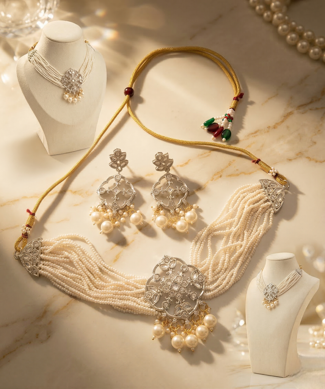 Close-up view of premium artificial Luxury Bridal Kundan Choker Set with Pearl Hangings – Available in White by Innovate Art Impex.