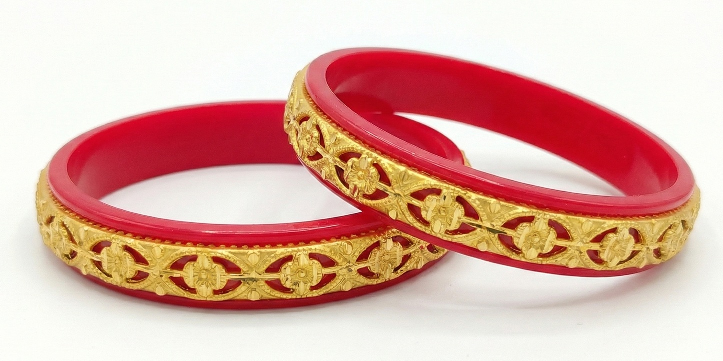 Close-up view of premium artificial Women Traditional Red Gold Plated Designer Bangles Set | Bridal Ethnic Kada | Wedding & Festive Wear Jewellery by Innovate Art Impex.