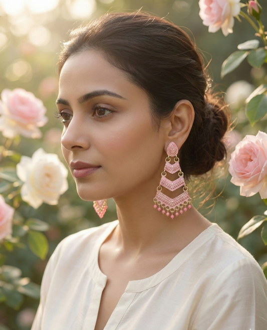 Close-up view of premium artificial Pink Meenakari Gold Plated Layered Drop Earrings with Pearl Hanging by Innovate Art Impex.