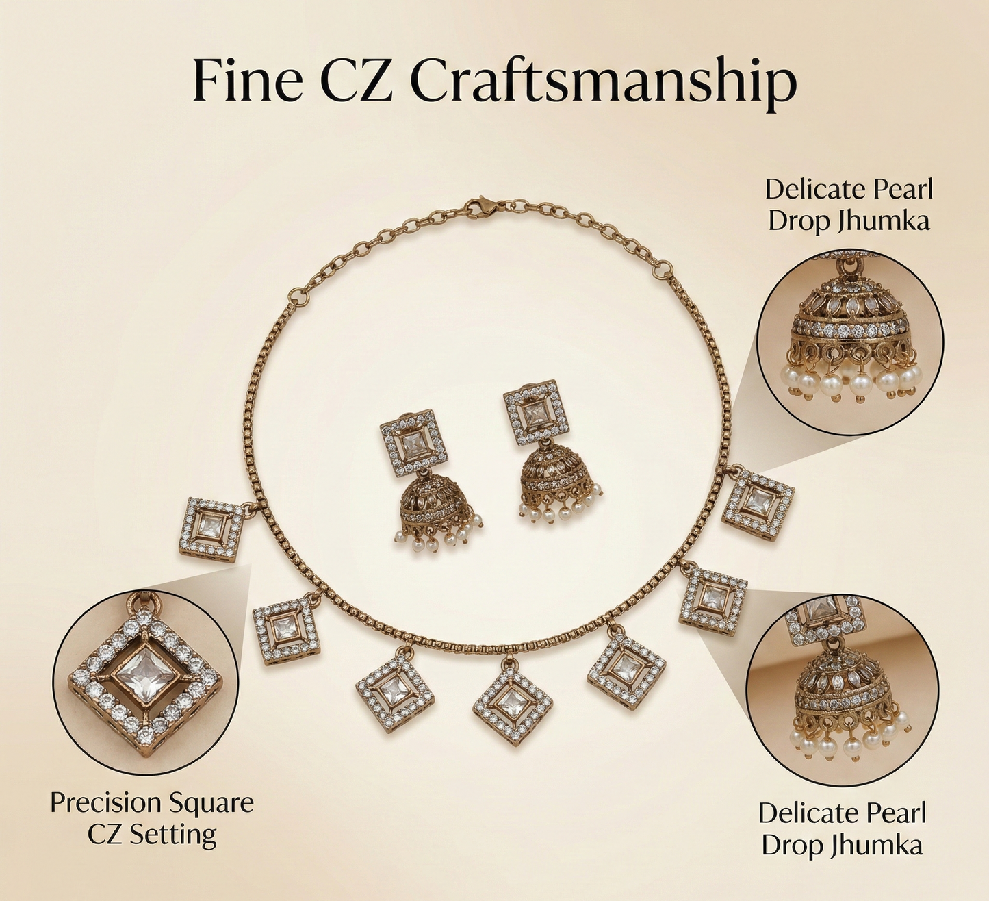 Close-up view of premium artificial Elegant Square CZ Imitation Necklace and Pearl Drop Jhumka Set by Innovate Art Impex.