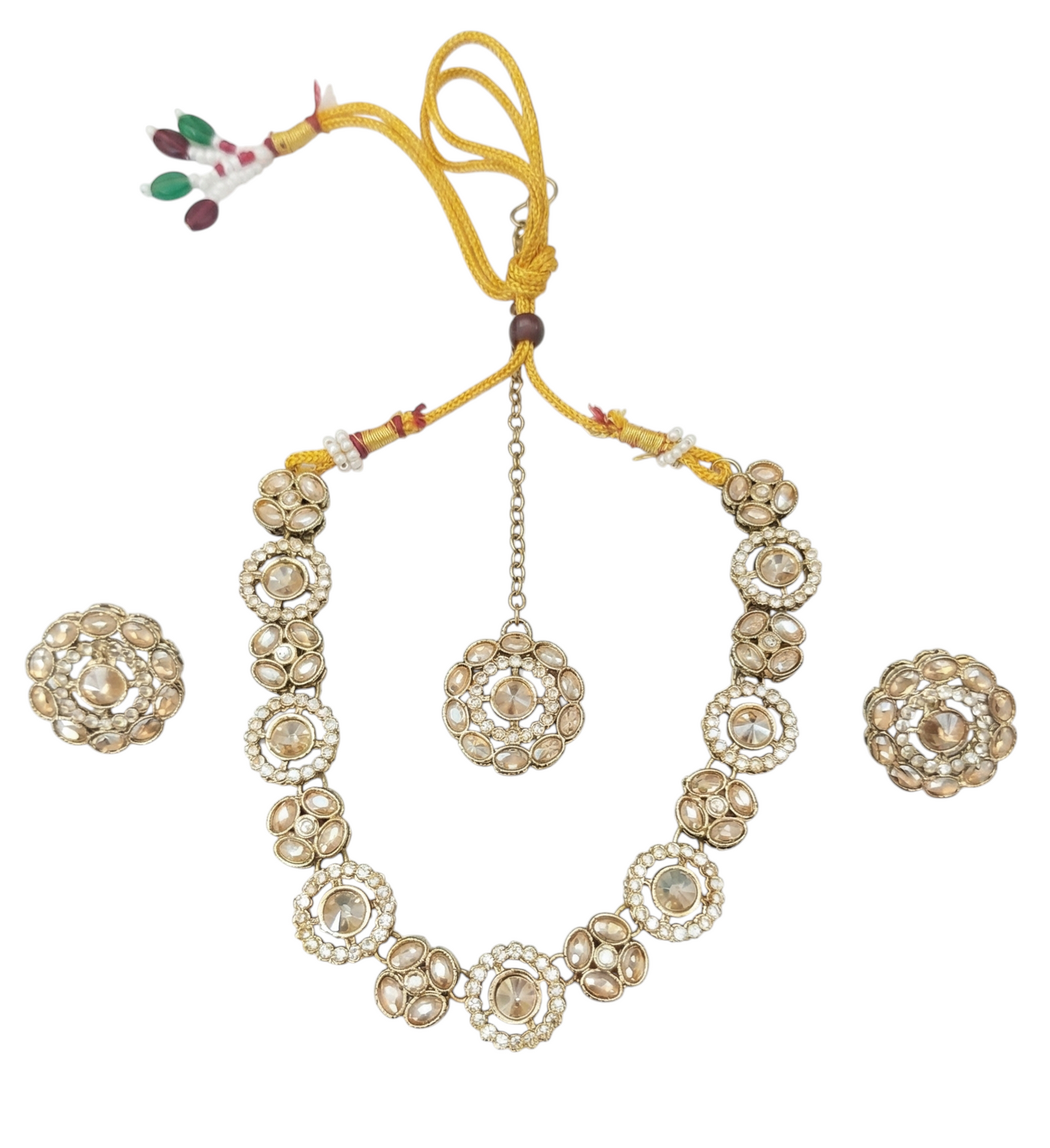 Close-up view of premium artificial Innovate Art Impex Traditional Gold Plated Kundan Style Choker Necklace Set with Matching Earrings and Maang Tikka for Women | Cubic Zirconia CZ Stones Ethnic Indian Fashion Jewellery | Lightweight Alloy Statement Accessories for Traditional Occasions by Innovate Art Impex.