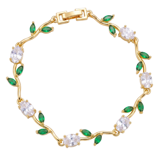 Gold-Toned Botanical Vine Link Bracelet with Clear Oval & Green Marquise American Diamonds