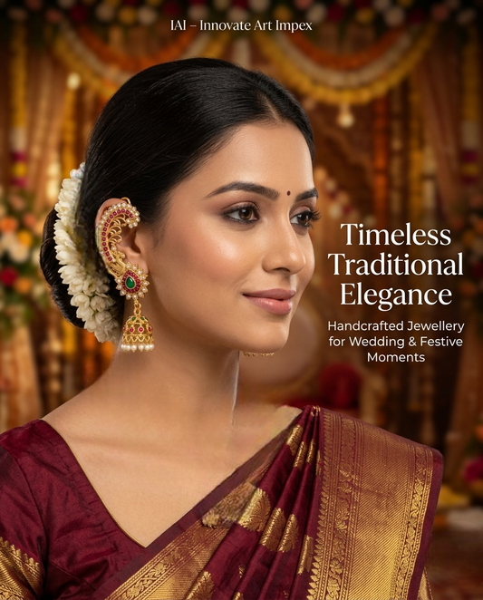 Indian model wearing INNOVATE ART IMPEX antique gold peacock ear cuff jhumka earrings with a maroon silk saree.