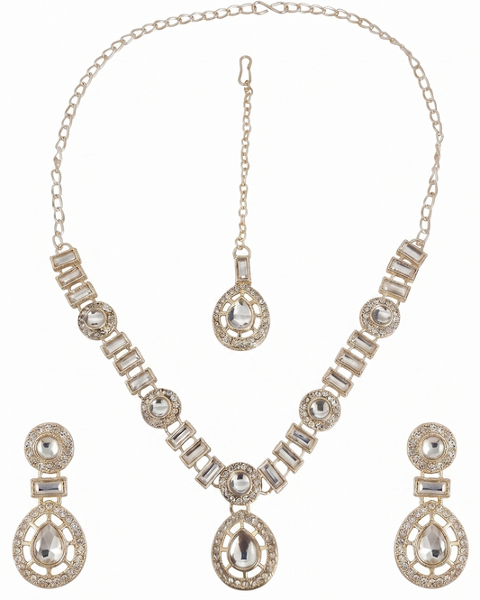 Traditional Gold-Toned American Diamond CZ Teardrop Choker Necklace Set with Maangtikka and Earrings for Women | Artificial Bridal Wedding Jewellery | INNOVATE ART IMPEX