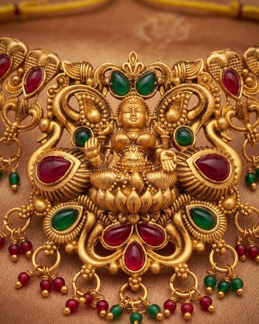 Handcrafted Antique Gold Temple Jewelry Set: Goddess Lakshmi Choker & Matching Jhumkas