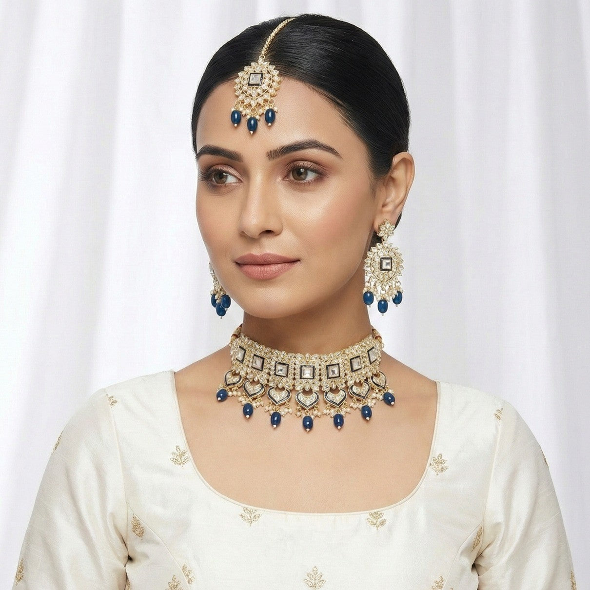 Close-up view of premium artificial Gold Plated Kundan Choker Necklace Set with Blue Beads by Innovate Art Impex.