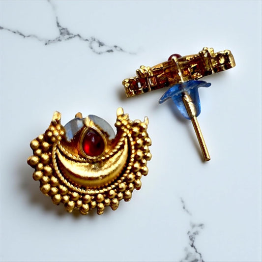 Close-up view of premium artificial Traditional Maharashtrian Chandrakor Rubu Red Stone Necklace Set Gold Plated by Innovate Art Impex.