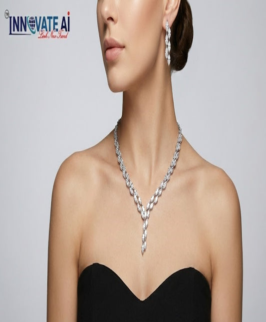 Close-up view of premium artificial Silver plated American Diamond marquise necklace and earring set on white by Innovate Art Impex.