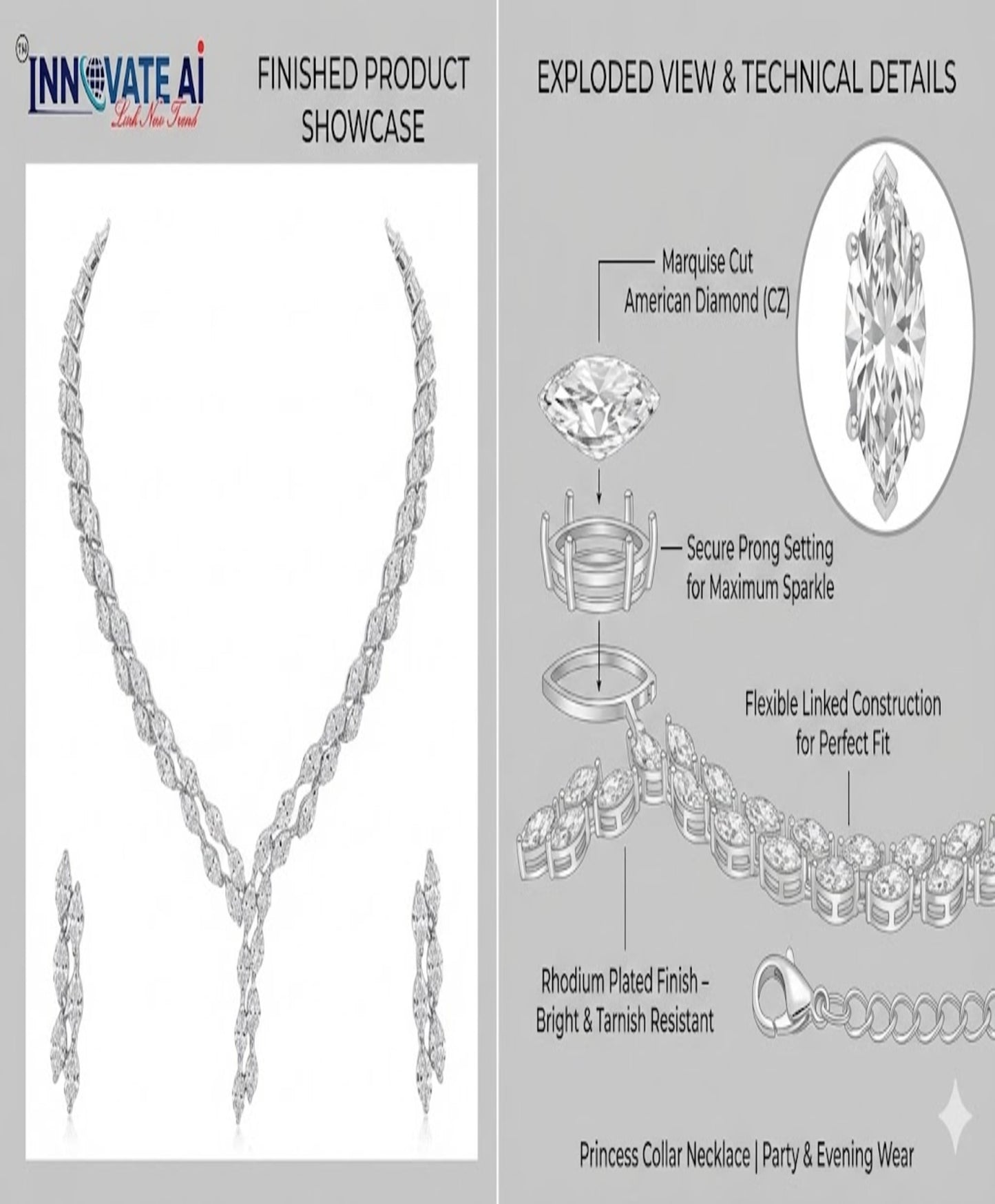 Close-up view of premium artificial Silver plated American Diamond marquise necklace and earring set on white by Innovate Art Impex.