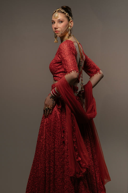 Elegant woman poses in a traditional red outfit.