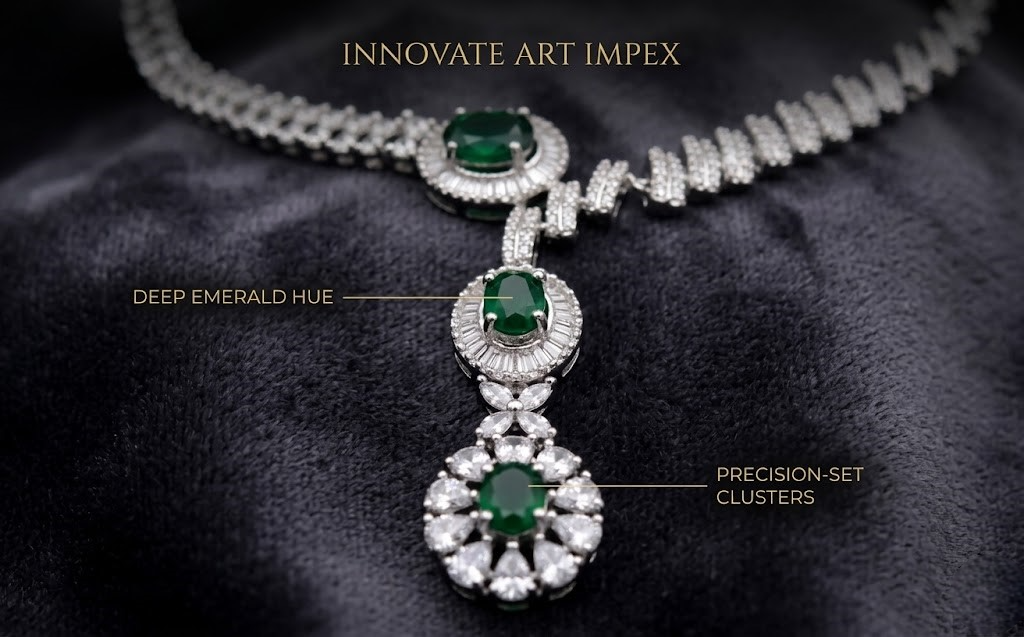 Elegant necklace with emerald stones and diamond clusters on a dark fabric background, featuring 'Innovate Art Impex' branding.