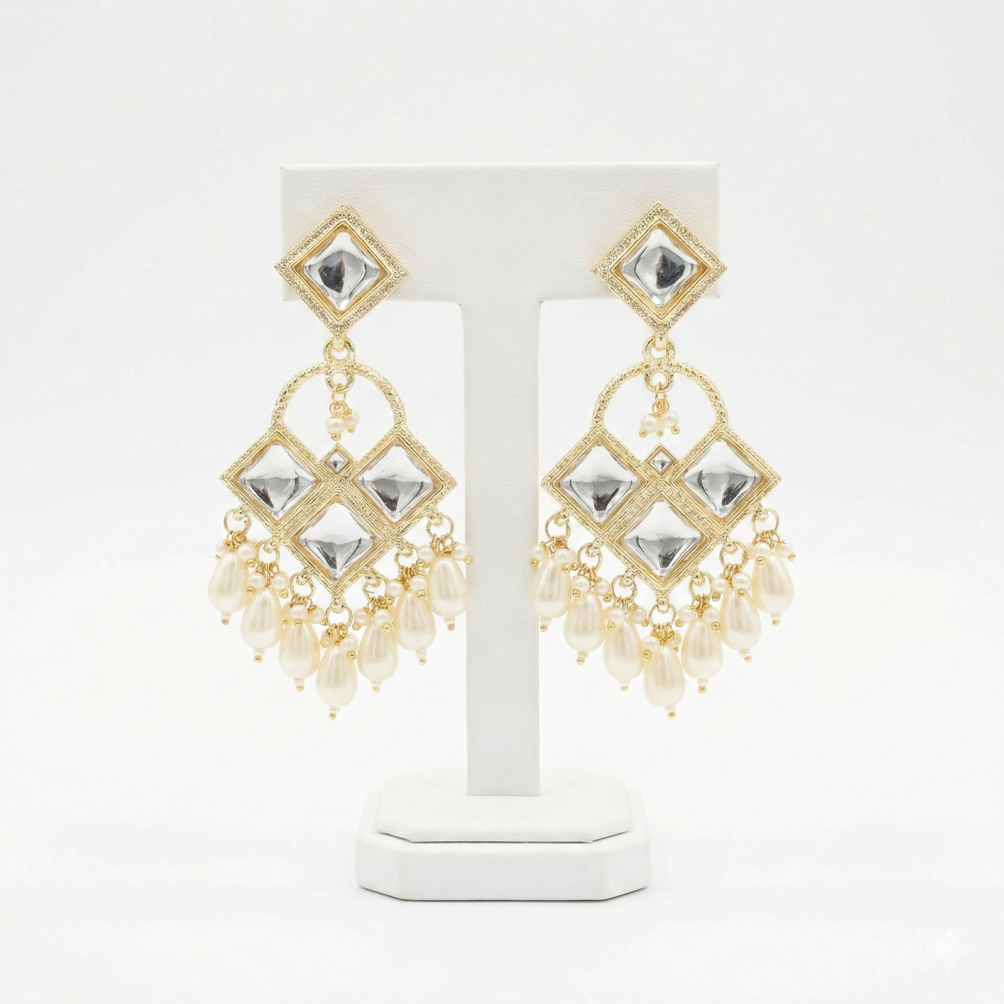 Close-up view of premium artificial Traditional Geometric Kundan & Pearl Drop Dangler Earrings by Innovate Art Impex.