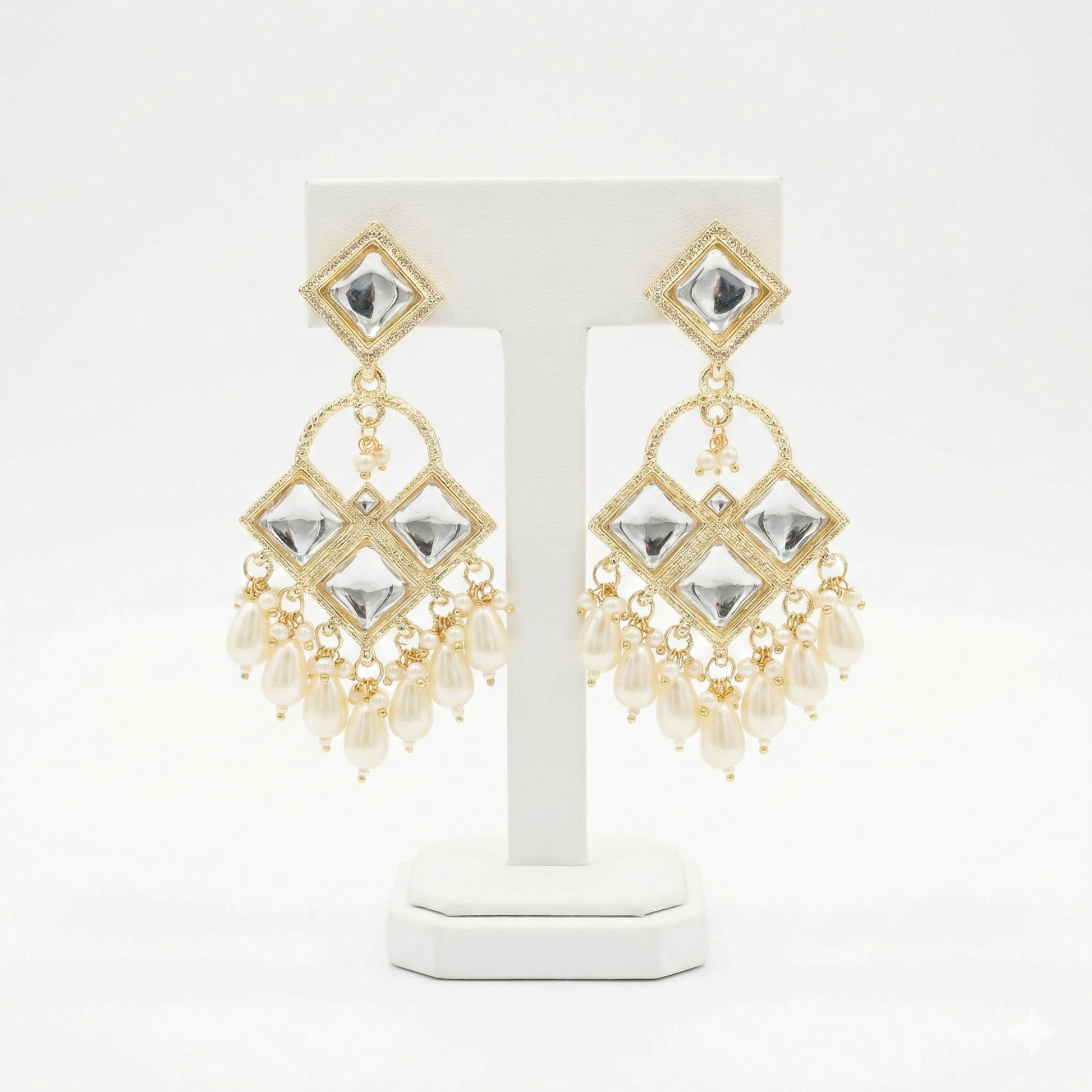Close-up view of premium artificial Traditional Geometric Kundan & Pearl Drop Dangler Earrings by Innovate Art Impex.