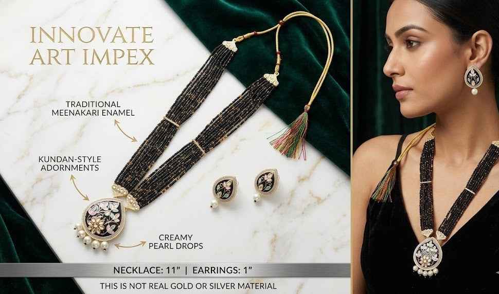 Jewelry set with necklace and earrings on a marble surface, featuring 'Innovate Art Impex' branding.