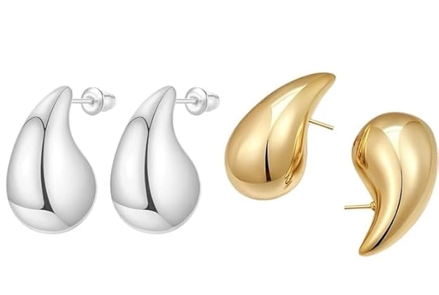 Close-up view of premium artificial 2 Pairs Combo Celebrity Inspired Stylish Gold Silver Plated Teardrop Earrings Dupes for Women Girls Teenagers Trending Oversized Lightweight Statement Waterdrop Earrings by Innovate Art Impex.