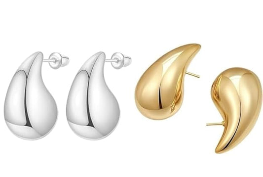 2 Pairs Combo Celebrity Inspired Stylish Gold Silver Plated Teardrop Earrings Dupes for Women Girls Teenagers Trending Oversized Lightweight Statement Waterdrop Earrings