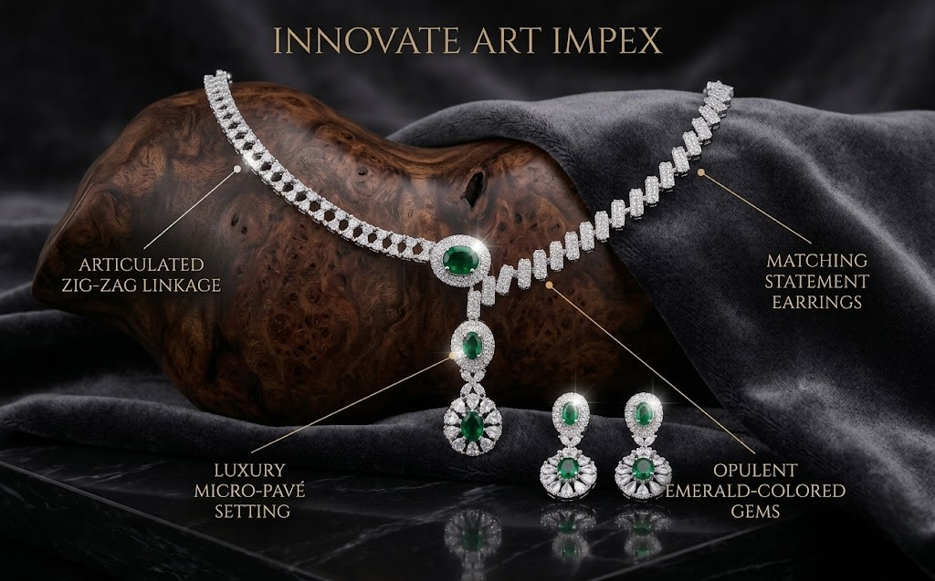 Jewelry set with emerald-colored gems on a dark fabric background, featuring 'Innovate Art Impex' branding.