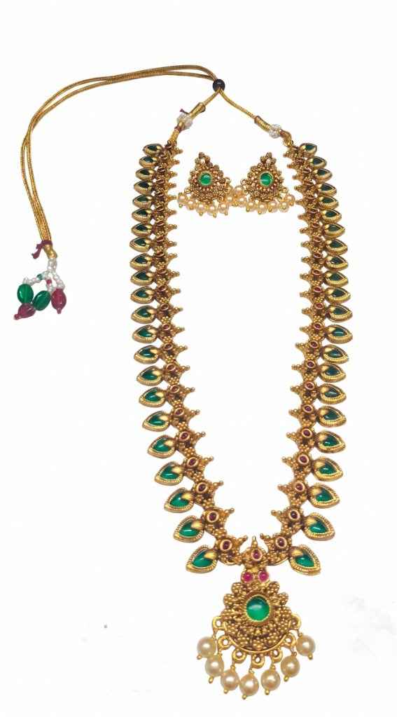 Antique Gold-Toned Palakka Motif Layered Temple Necklace Combo Set with Artificial Stones