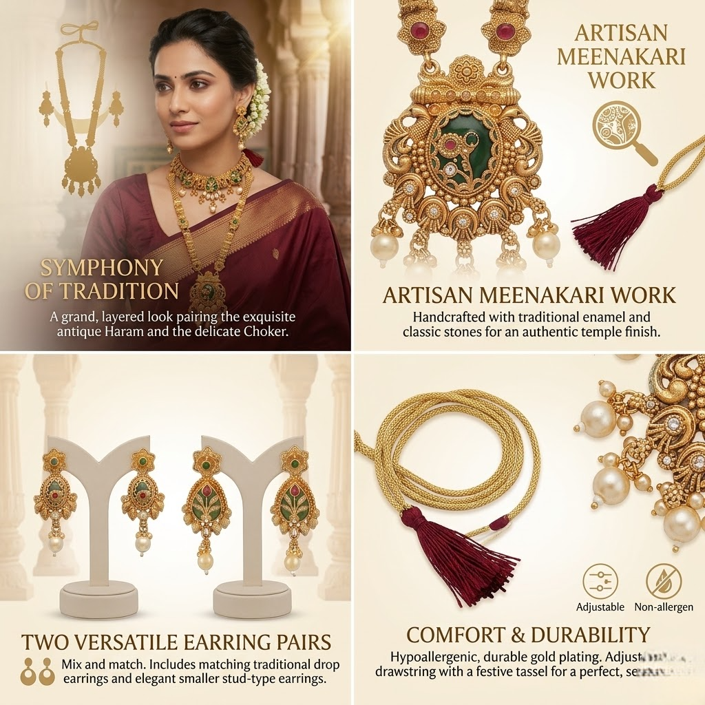 Feature breakdown infographic for INNOVATE ART IMPEX jewelry combo detailing artisan green meenakari work, versatile stud and dangle earring pairs, and a comfortable adjustable dori fastening.