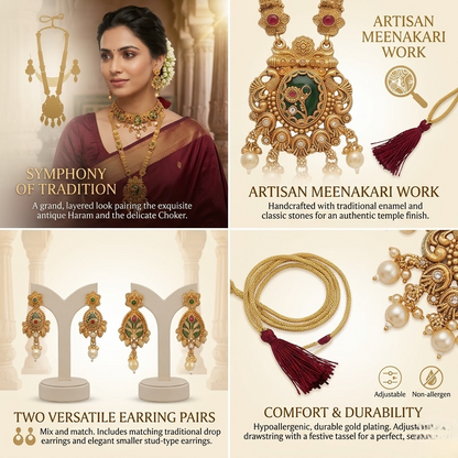 Feature breakdown infographic for INNOVATE ART IMPEX jewelry combo detailing artisan green meenakari work, versatile stud and dangle earring pairs, and a comfortable adjustable dori fastening.