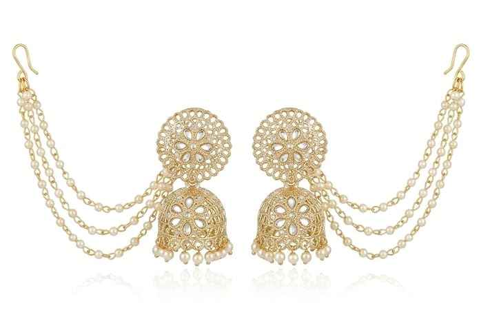 Bahubali Gold Kundan Jhumka — Gold Plated Triple-Layered Pearl Sahare Chain Earrings