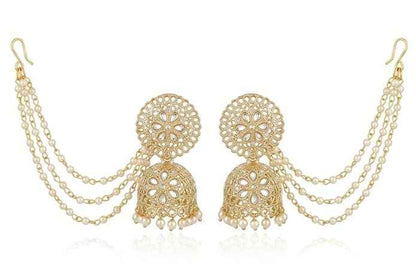 Bahubali Gold Kundan Jhumka — Gold Plated Triple-Layered Pearl Sahare Chain Earrings