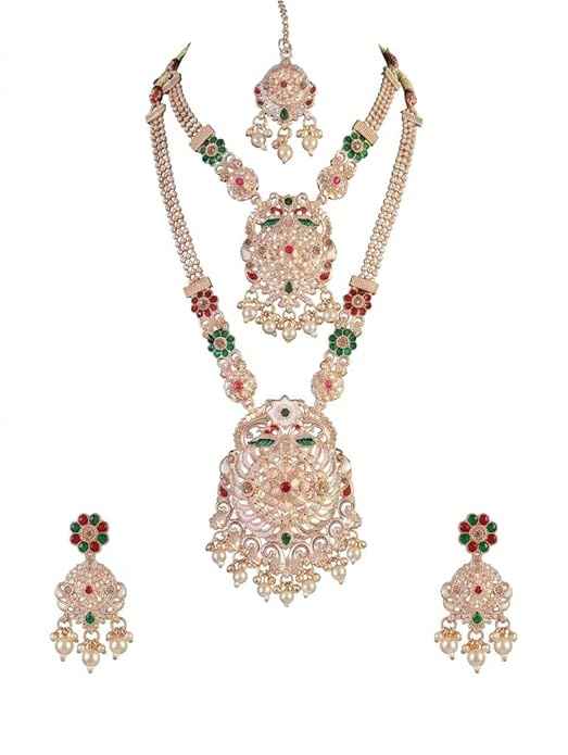 Traditional Antique Gold Plated Bridal Jewelry Set - Kundan Style Long Rani Haar, Choker, Earrings & Maang Tikka