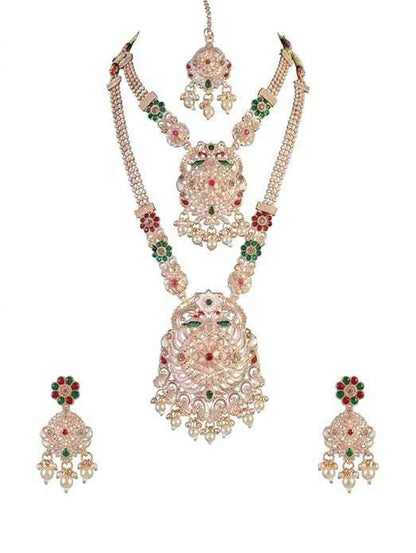 Traditional Antique Gold Plated Bridal Jewelry Set - Kundan Style Long Rani Haar, Choker, Earrings & Maang Tikka
