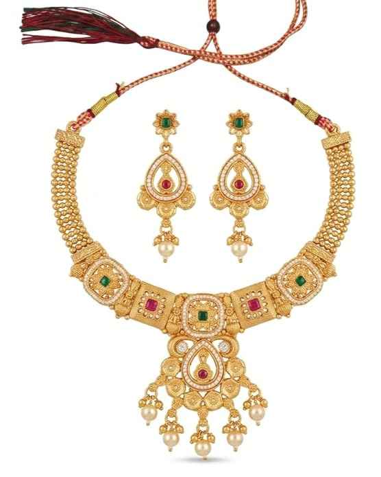 Filigree Kundan Choker Set — Gold Plated Necklace with Teardrop Earrings & Pearl Accents