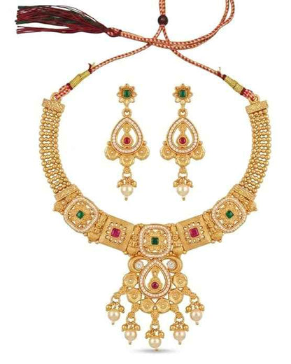 Filigree Kundan Choker Set — Gold Plated Necklace with Teardrop Earrings & Pearl Accents