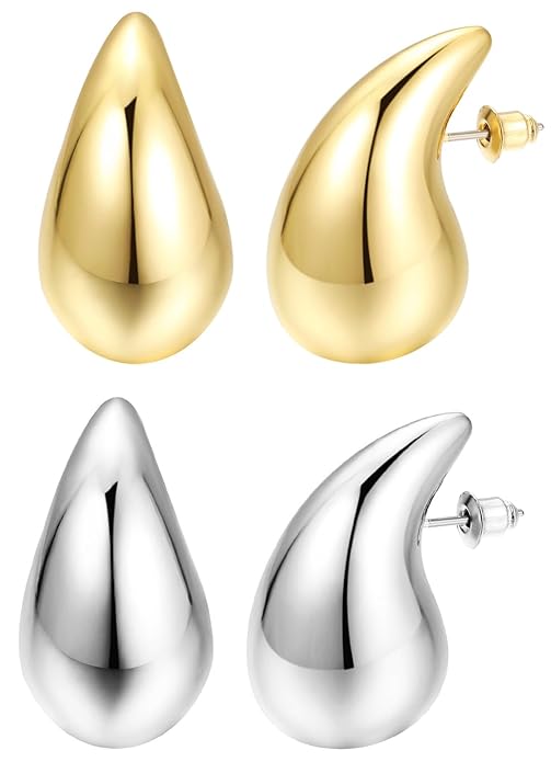 Close-up view of premium artificial 2 Pairs Combo Celebrity Inspired Stylish Gold Silver Plated Teardrop Earrings Dupes for Women Girls Teenagers Trending Oversized Lightweight Statement Waterdrop Earrings by Innovate Art Impex.