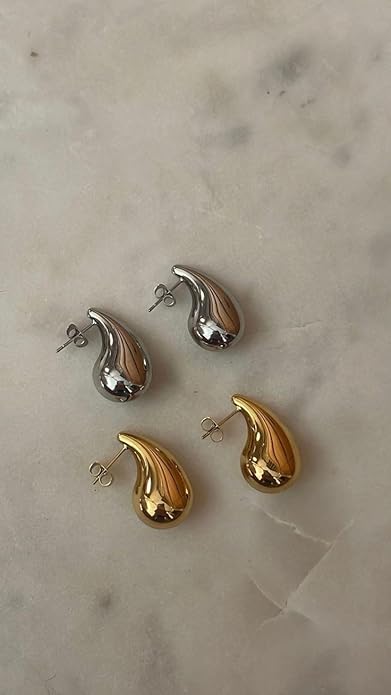 Close-up view of premium artificial 2 Pairs Combo Celebrity Inspired Stylish Gold Silver Plated Teardrop Earrings Dupes for Women Girls Teenagers Trending Oversized Lightweight Statement Waterdrop Earrings by Innovate Art Impex.